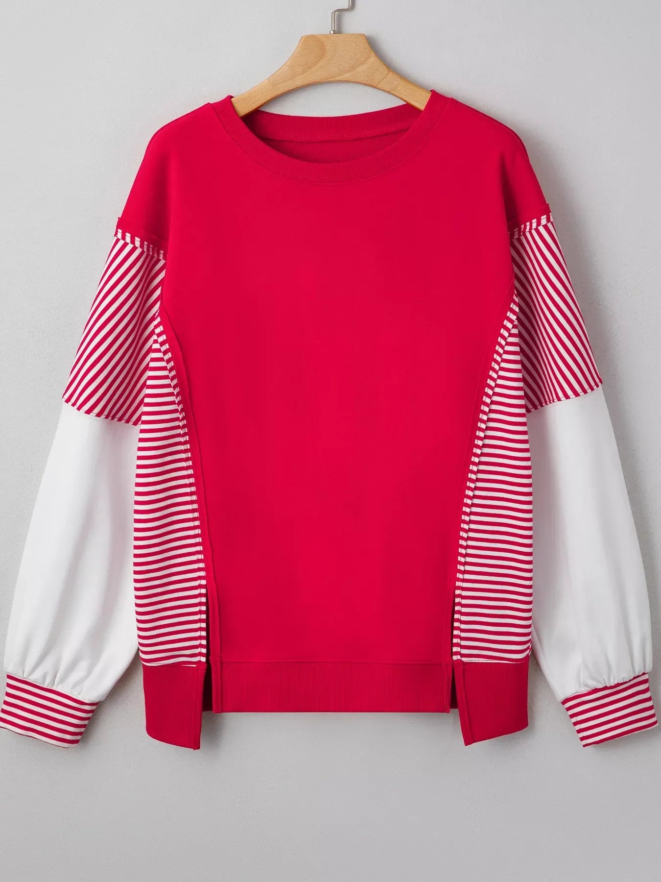 Red and white striped balloon sleeve colorblock sweatshirt
