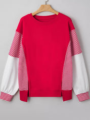 Red and white striped balloon sleeve colorblock sweatshirt
