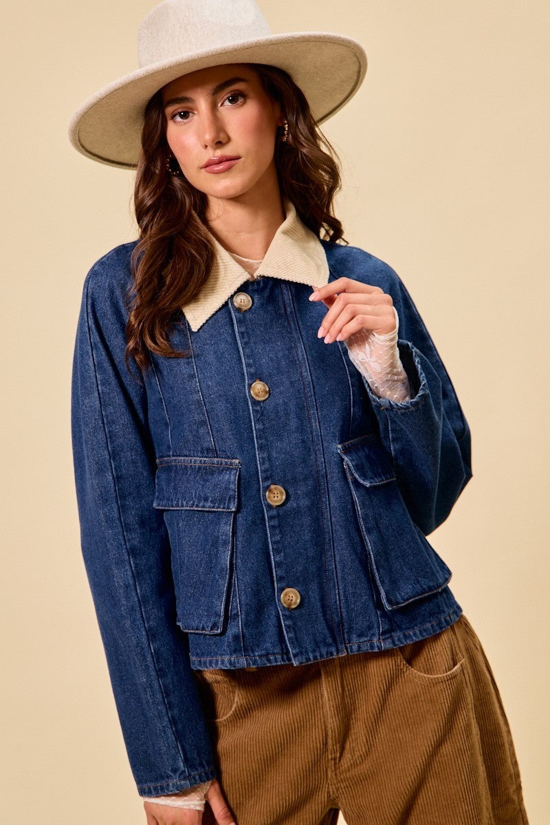 SO ME zip up and buttoned denim jacket in blue with cream collar and gold buttons