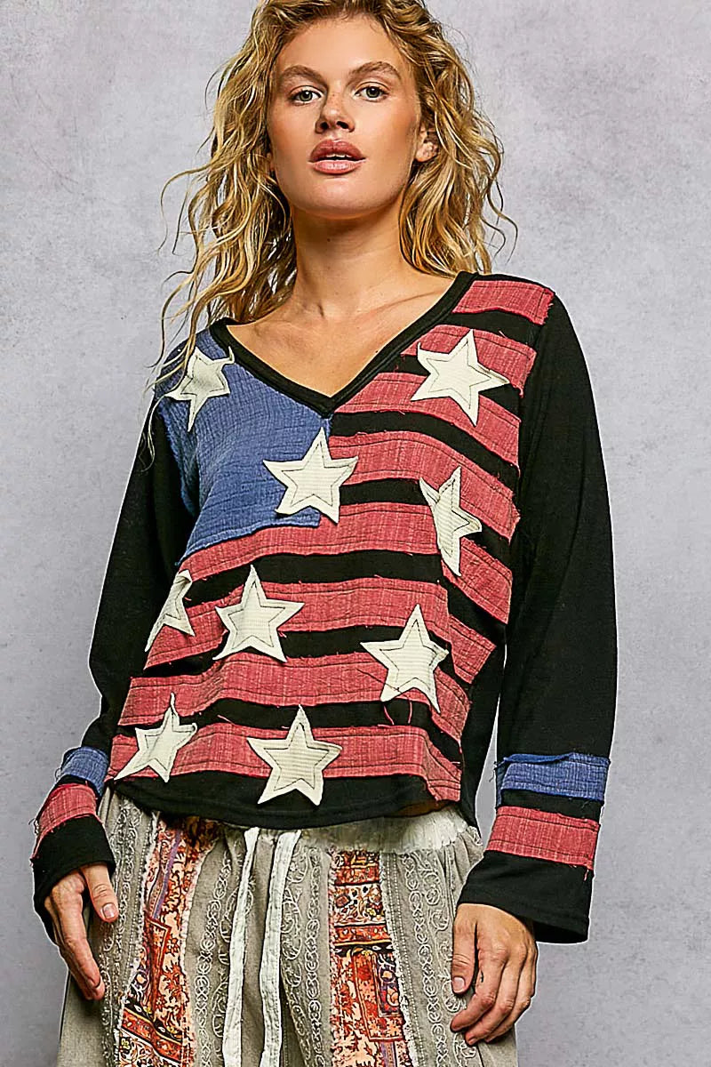 POL Double Gauze American Flag Patch V-Neck Long Sleeve T-Shirt