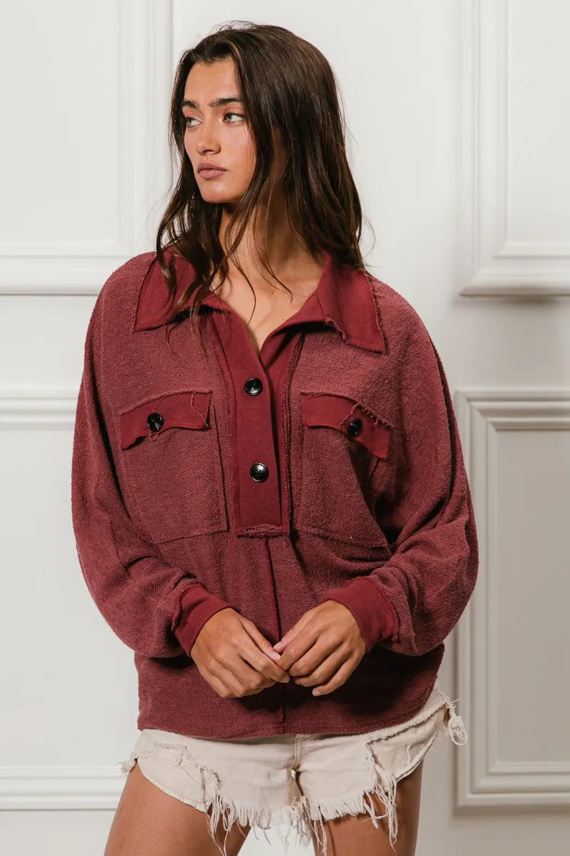 BiBi Cp French Terry Cut Edge Detail Collared Top | Tops Daverri Fashions