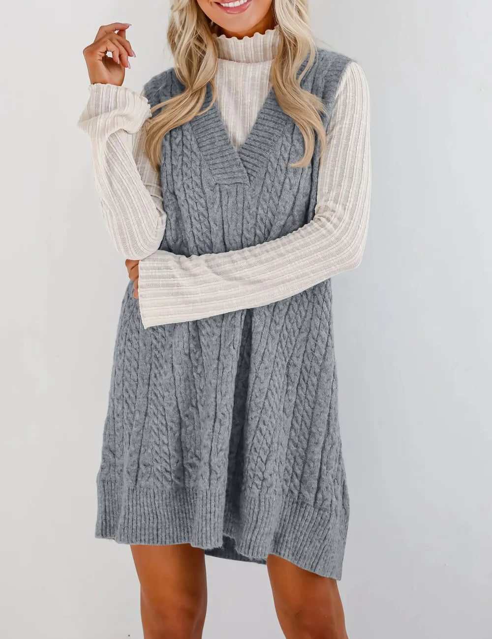 Gray Lovelet Cable Knit V-Neck Mini Sweater Overall Dress | Mini Dresses Daverri Fashions