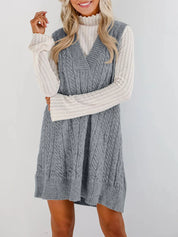 Gray Lovelet Cable Knit V-Neck Mini Sweater Overall Dress | Mini Dresses Daverri Fashions