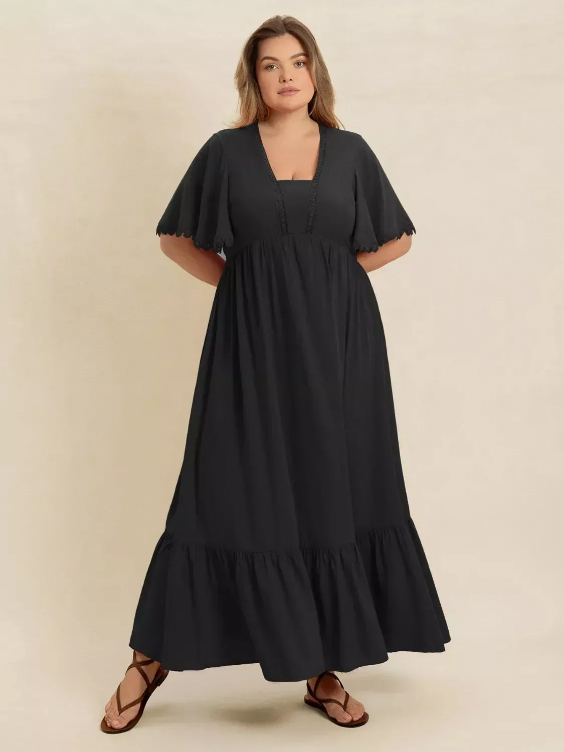 Plus Size Boho Ruffled Maxi Dress with Flutter Sleeves - DAVERRI FASHIONS
