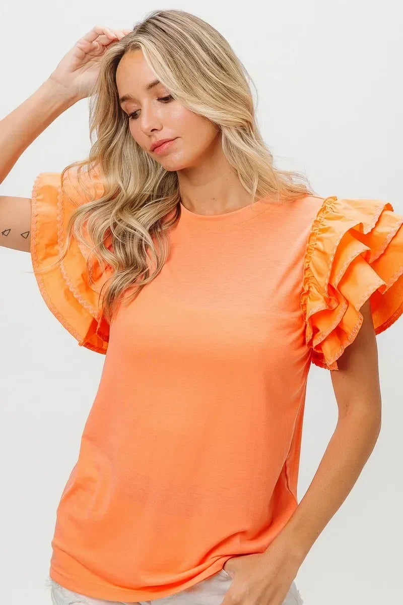 BiBi Knit Top Woven Ruffle Tiered Sleeves - DAVERRI FASHIONS