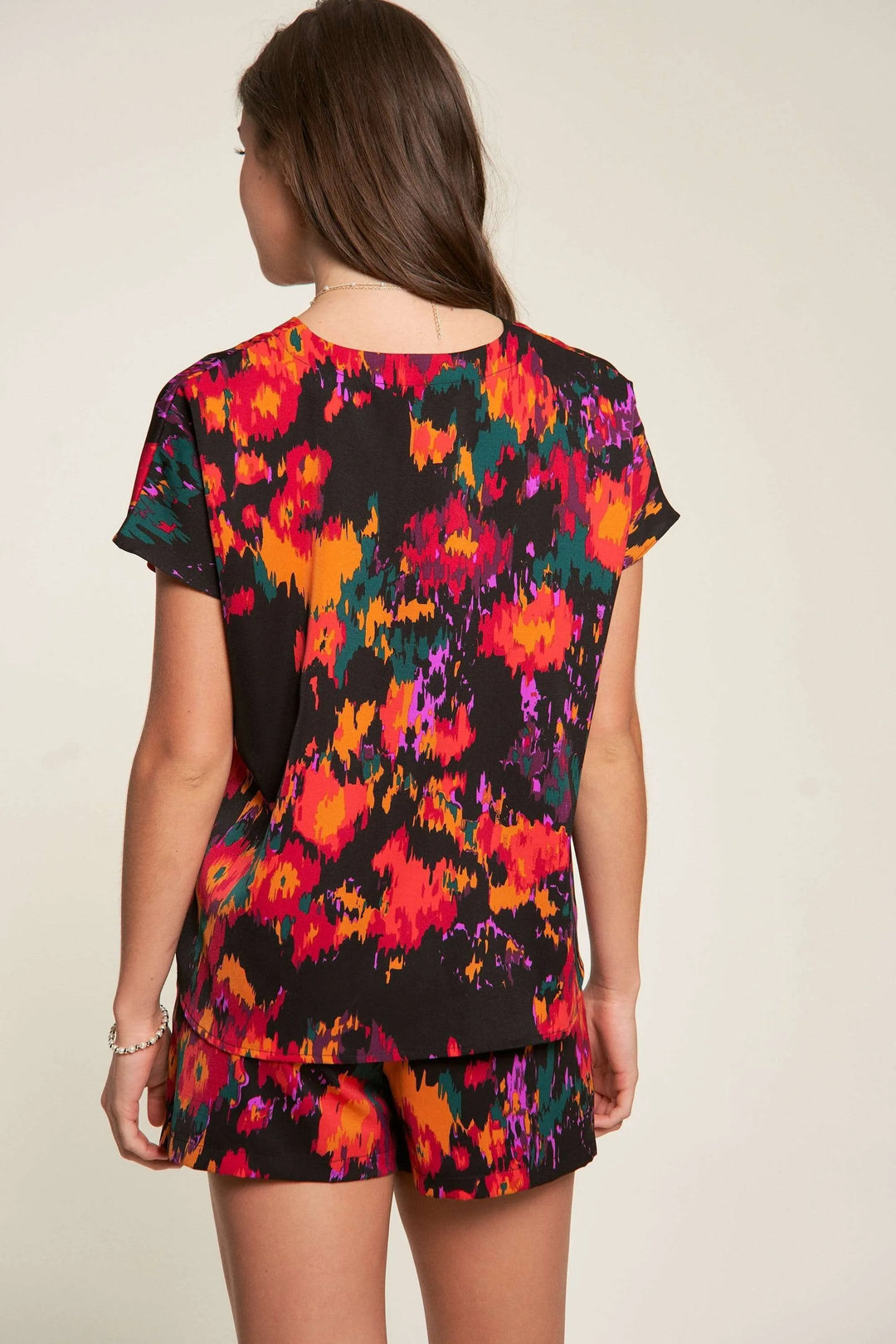 Davi & Dani Printed V Neck Short Sleeve Top and Shorts Set Shorts Sets