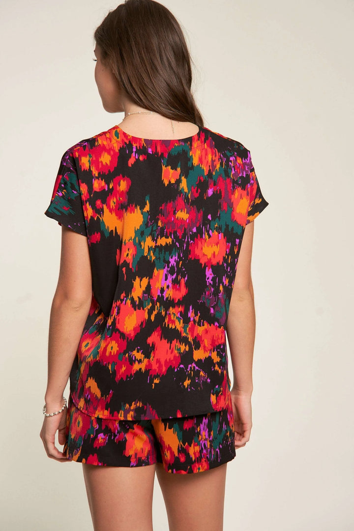 Davi & Dani Printed V Neck Short Sleeve Top and Shorts Set Shorts Sets