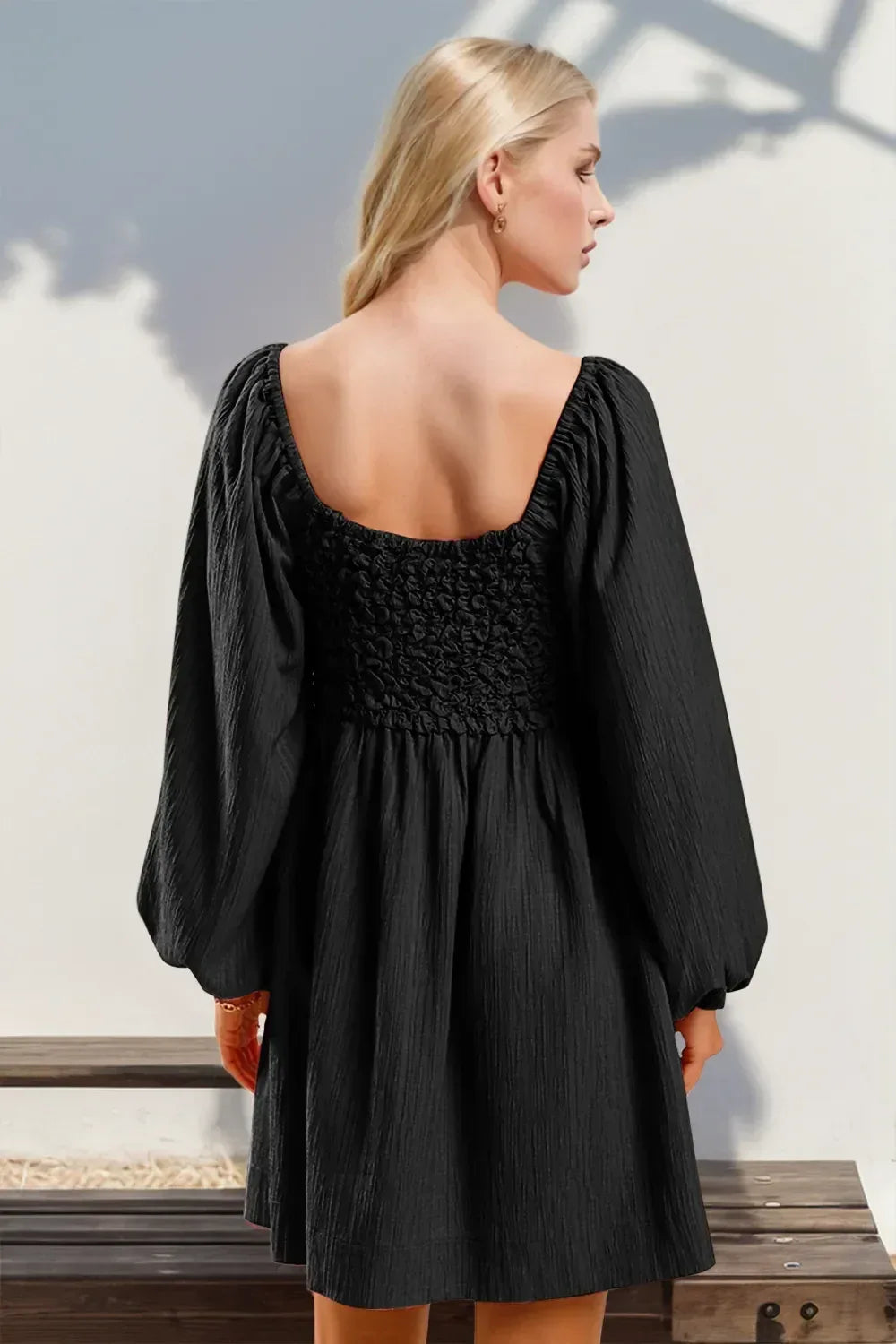 Double Take Texture Smocked Balloon Sleeve Mini Dress - DAVERRI FASHIONS