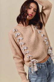 SO ME Checkered Plaid Tape Lace Up Ribbed Sweater | Daverri Fashions