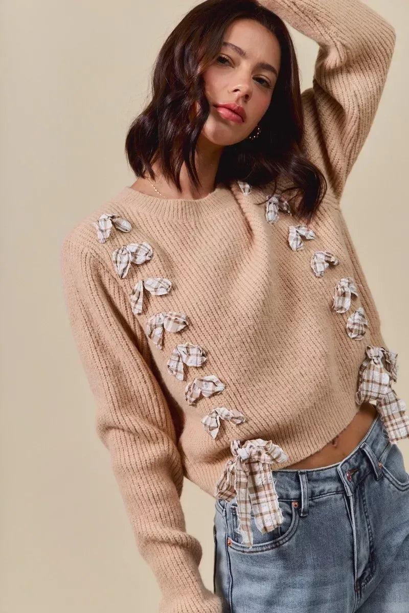 SO ME Checkered Plaid Tape Lace Up Ribbed Sweater Taupe - DAVERRI FASHIONS