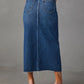 Slit raw hem midi denim skirt in medium blue wash with frayed hem