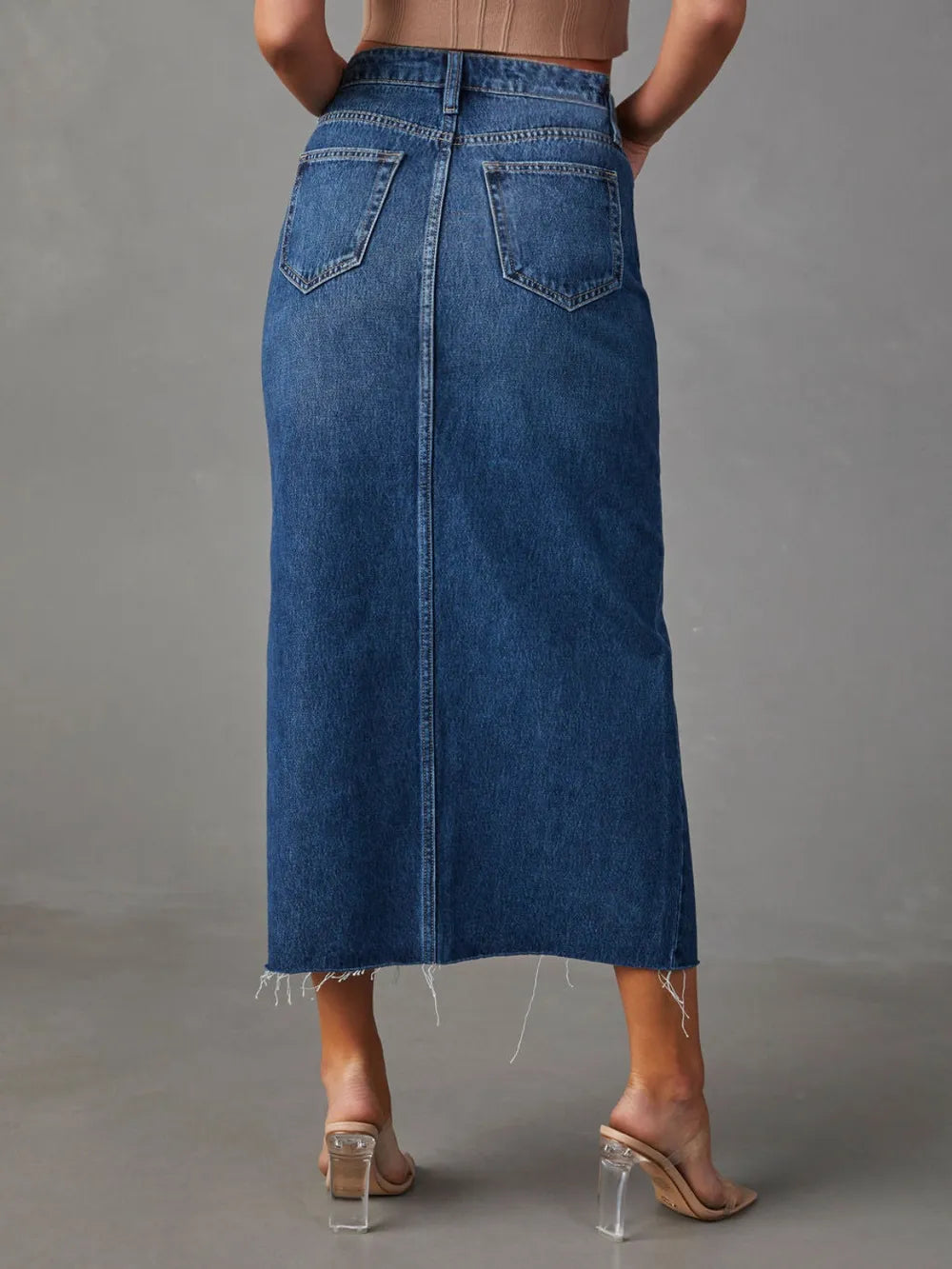 Slit raw hem midi denim skirt in medium blue wash with frayed hem