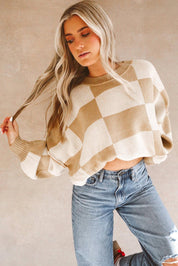 Checkered Bishop Sleeve Sweater | Sweaters Daverri Fashions