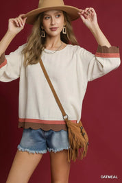 Umgee Scalloped Hem Color Block Top | Blouses Daverri Fashions