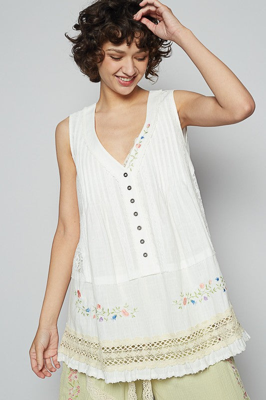 POL Embroidered Lace Detail V-Neck Sleeveless Top