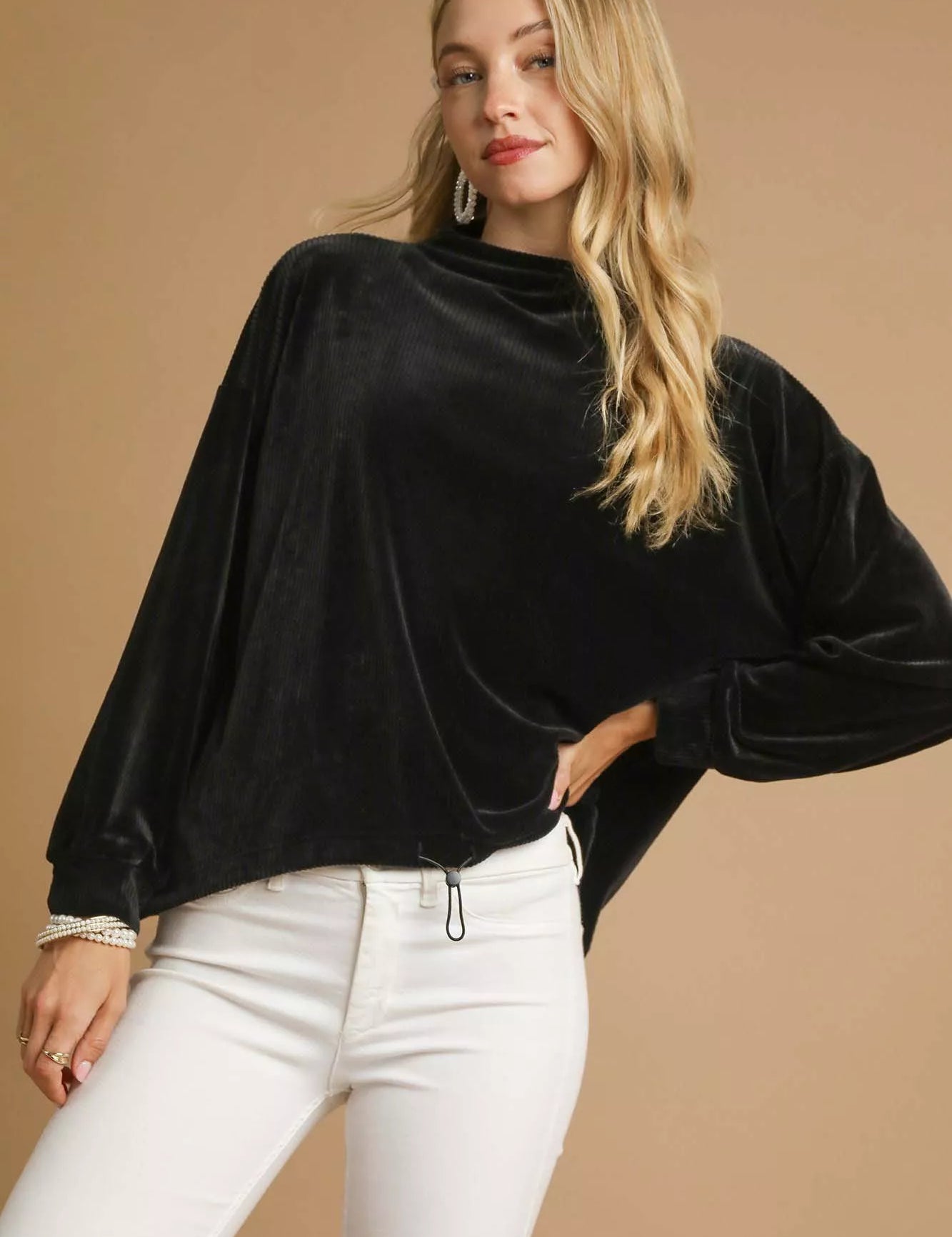 Black Umgee Ribbed Drawstring Hem Knit Top | Tops Daverri Fashions