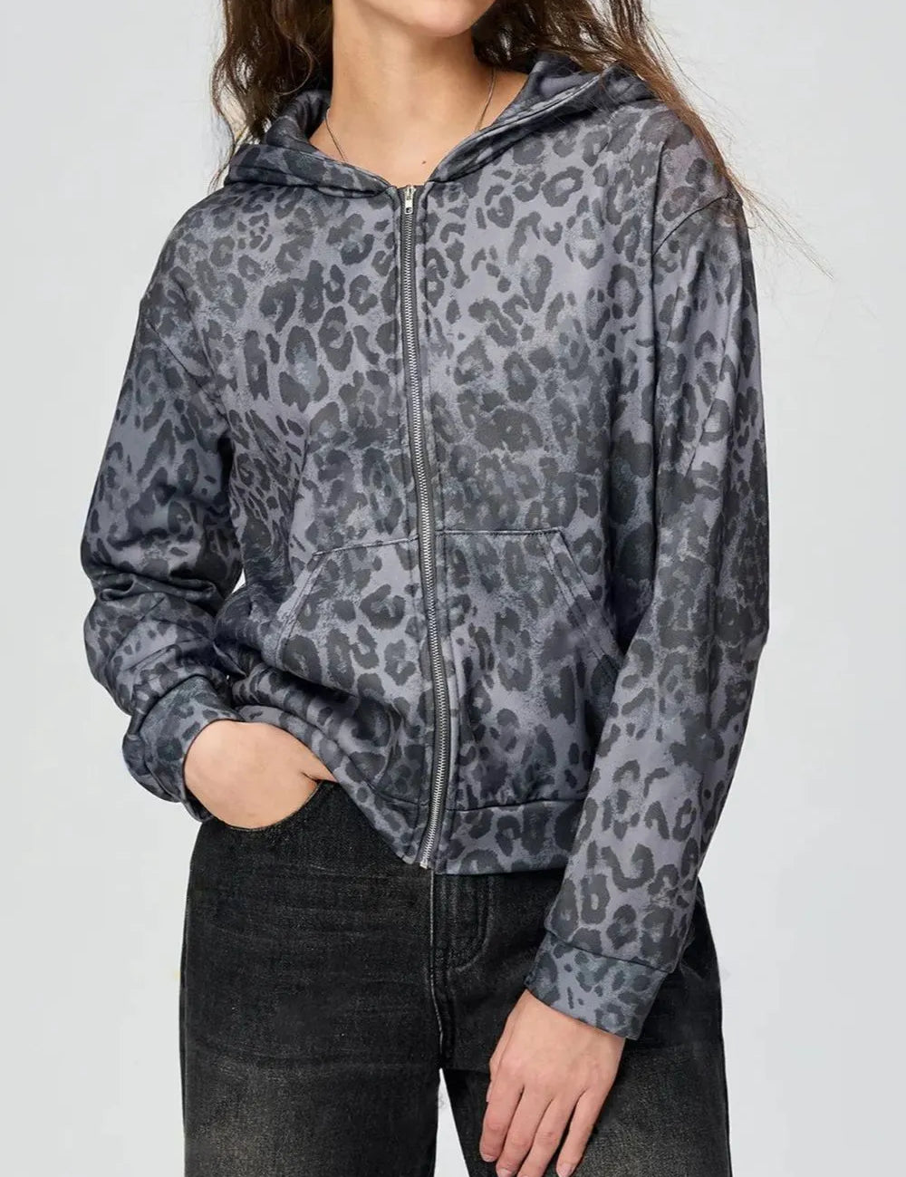 Dark Gray Pocketed Leopard Zip Up Hooded Jacket | Jackets Daverri Fashions