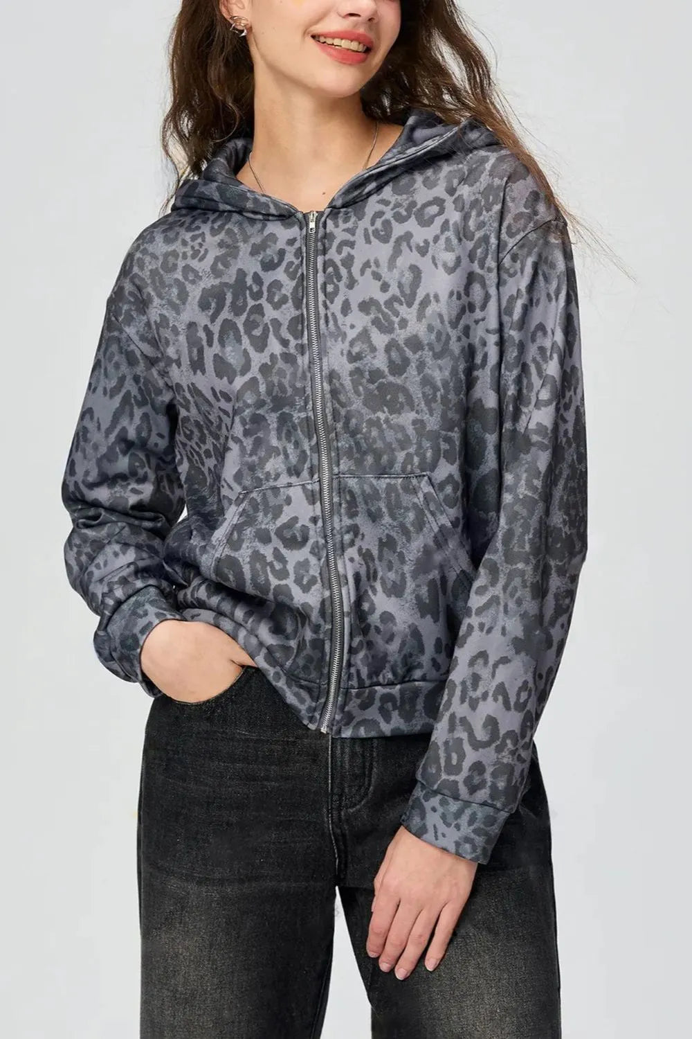 Dark Gray Pocketed Leopard Zip Up Hooded Jacket | Jackets Daverri Fashions