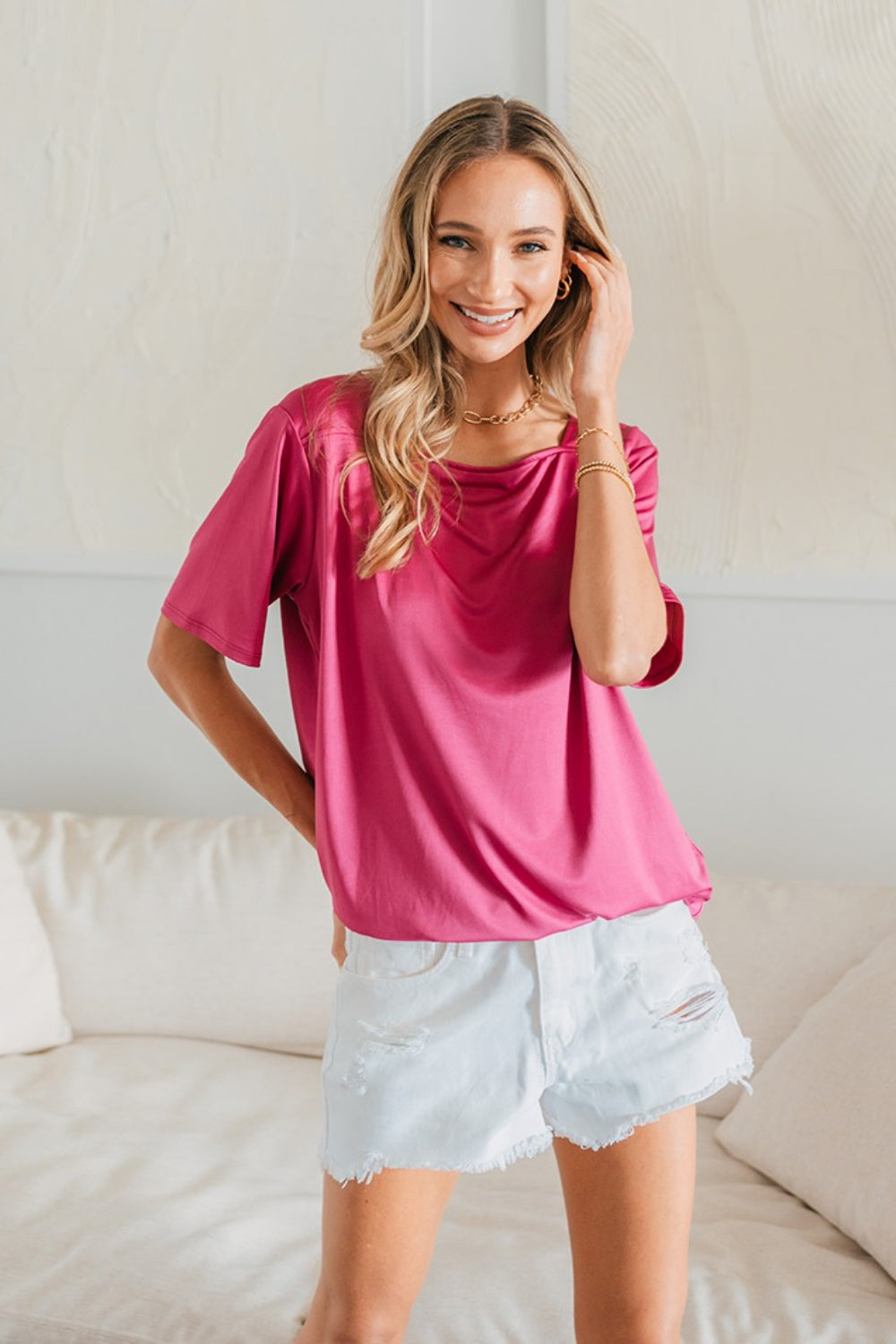 Sew In Love Full Size Square Neck Short Sleeve Top Fuchsia