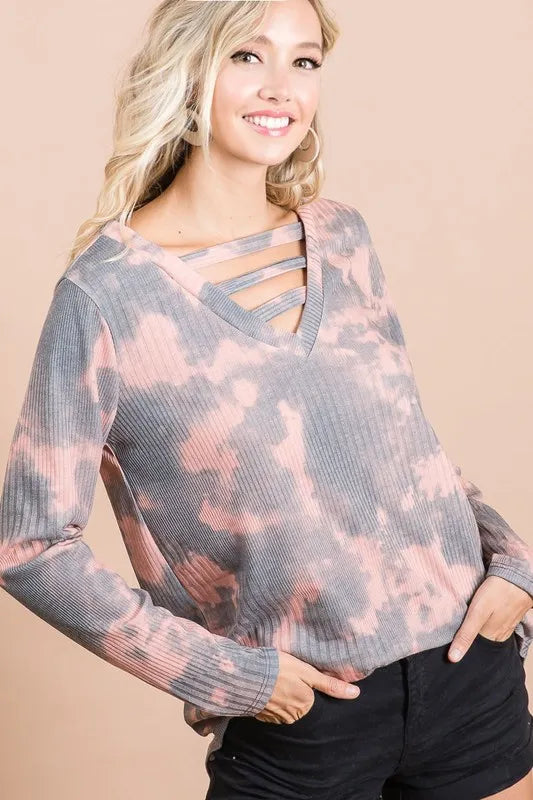 BiBi Variegated Tie Dye Rib V-Neck Top with Strapped