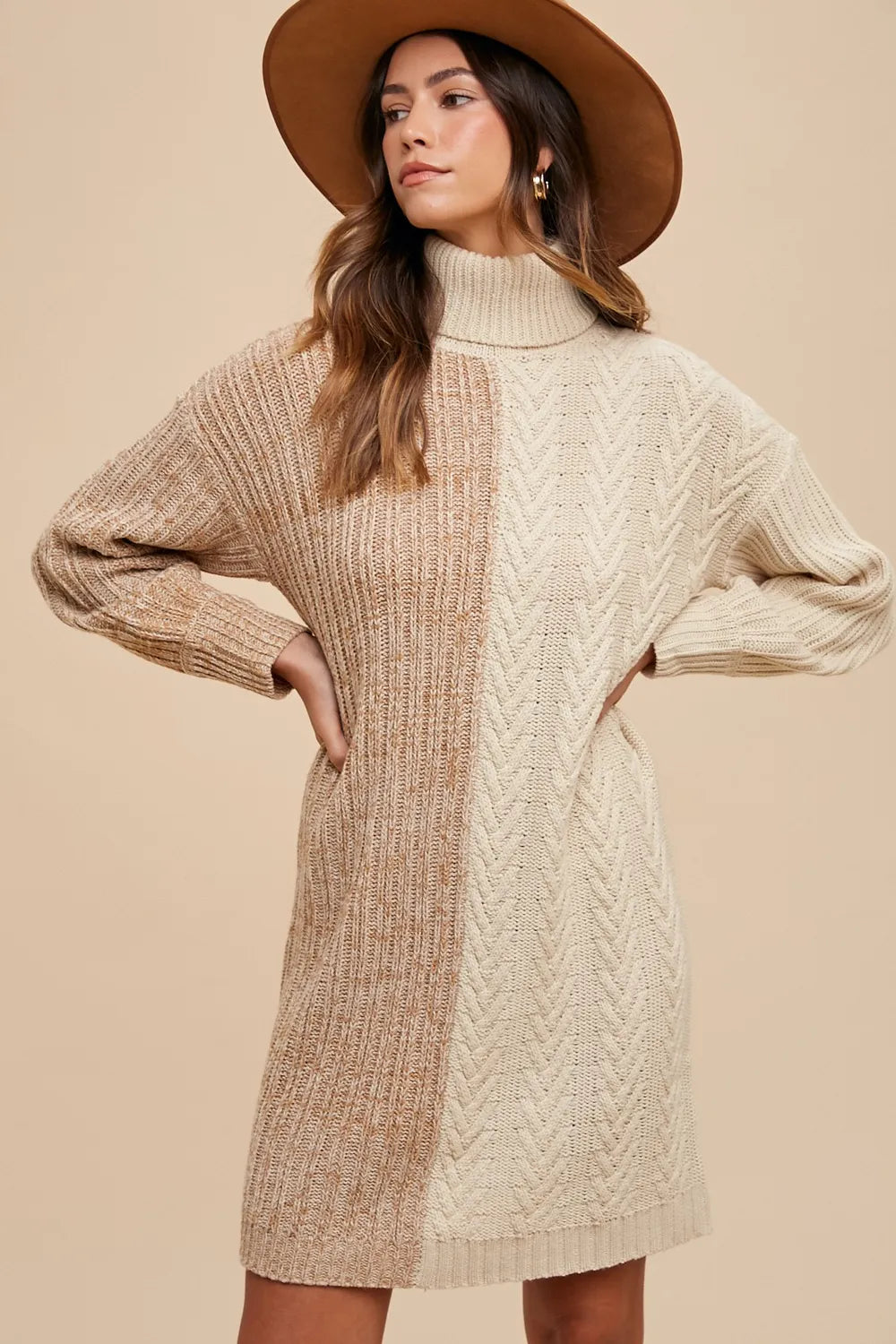 Annie Wear Color Block Turtleneck Sweater Dress Knee Length Dresses