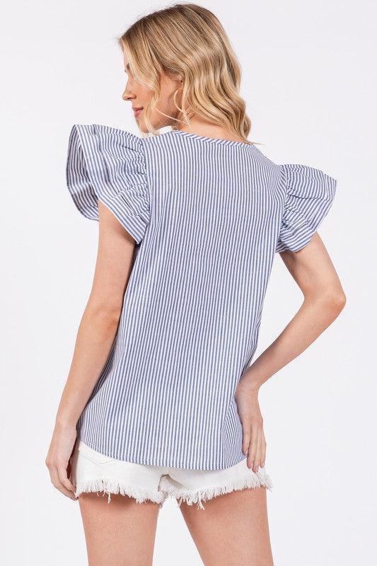 Ces Femme Striped V-Neck Ruffled Cap Sleeve Blouse - DAVERRI FASHIONS