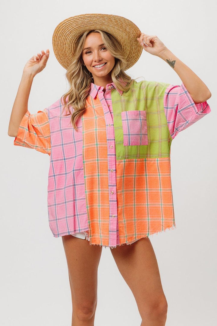 BiBi Plaid Collared Neck Half Sleeve Shirt Pink Peach Lime Shirts & Tops