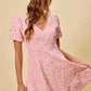 Soft pink floral lace SO ME fit and flare mini dress with v-neck and puffed sleeves
