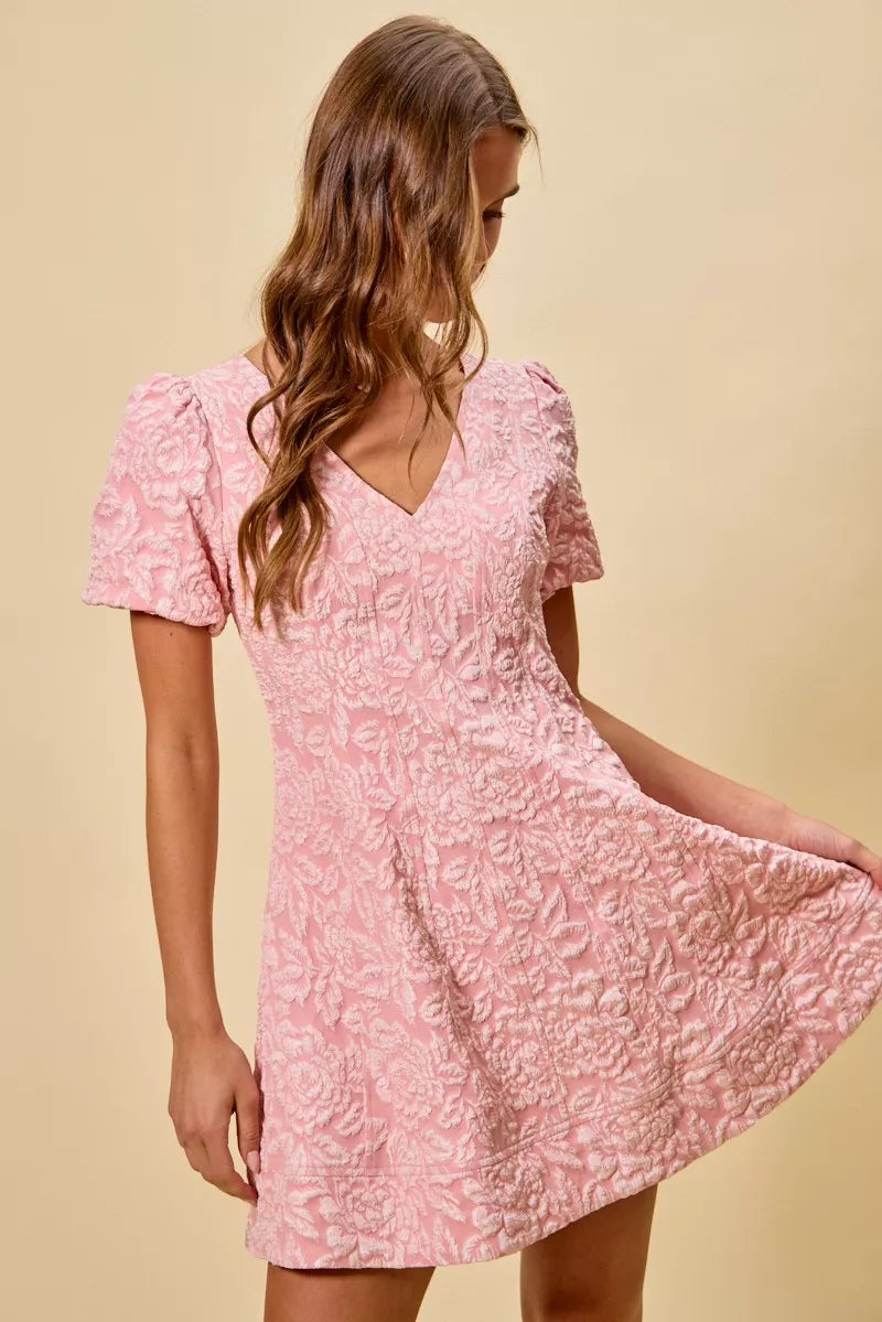 Soft pink floral lace SO ME fit and flare mini dress with v-neck and puffed sleeves