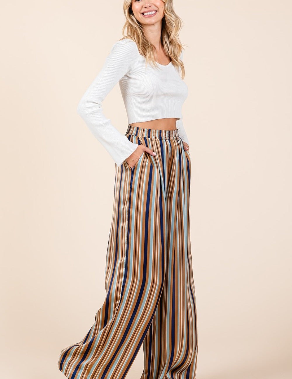 Mittoshop Striped Satin Elastic Waist Wide Leg Pants