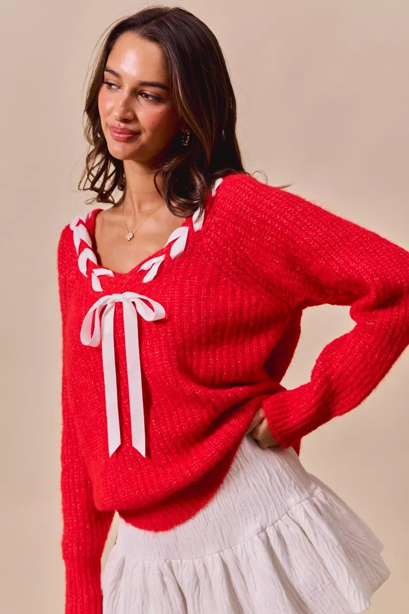 SO ME Satin Tape Braided Ribbon Tie V Neck Sweater | Sweaters Daverri Fashions
