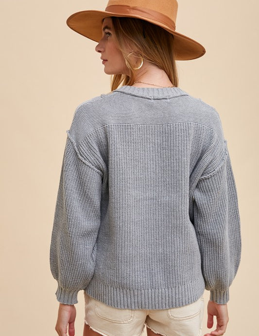 Annie Wear Half Button Ribbed Hem Sweater