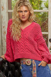 FUCHSIA POL Cable-Knit Solid V-Neck Cropped Sweater | Sweaters Daverri Fashions