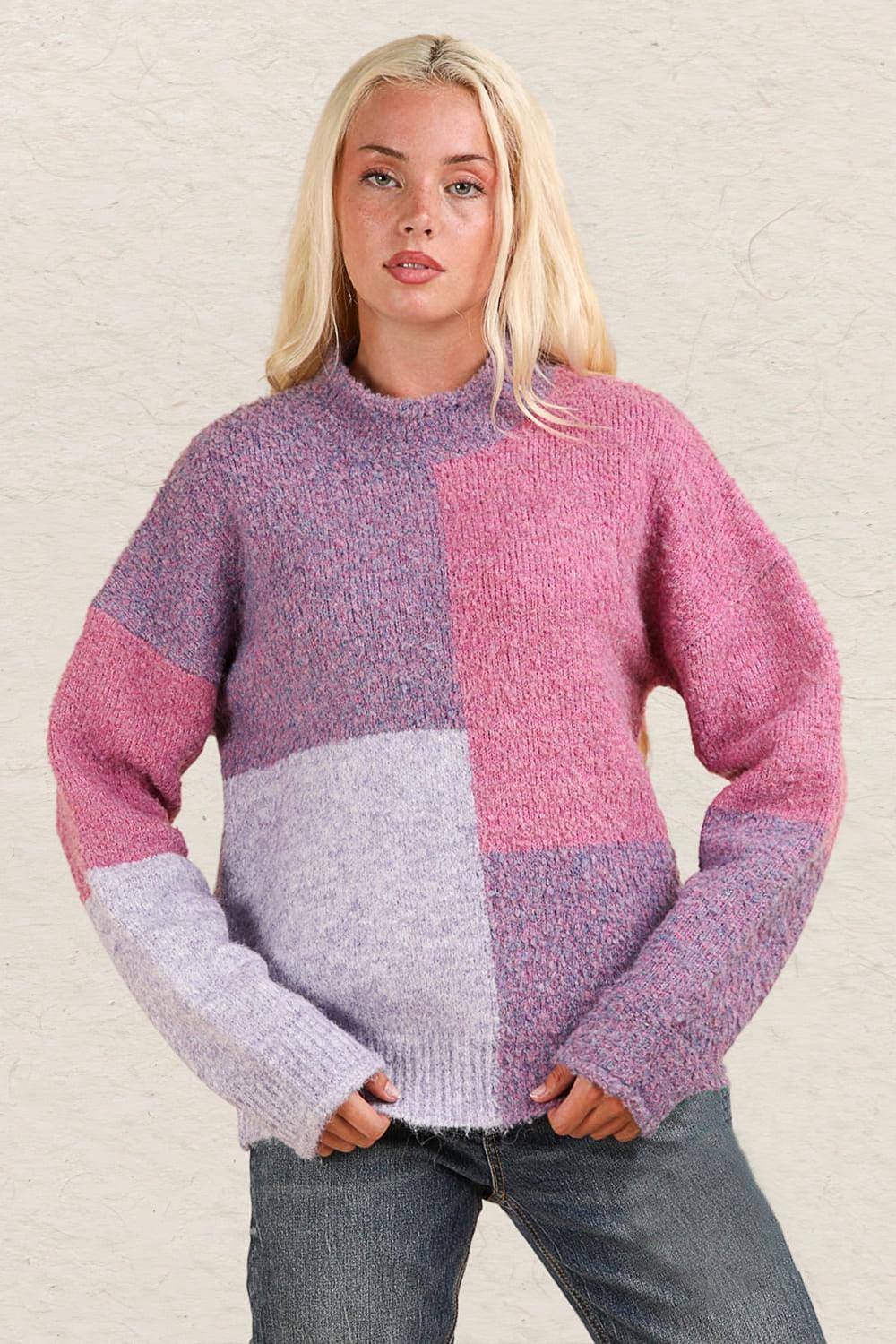 VERY J Color Block Mock Neck Drop Shoulder Sweater Purple Sweaters