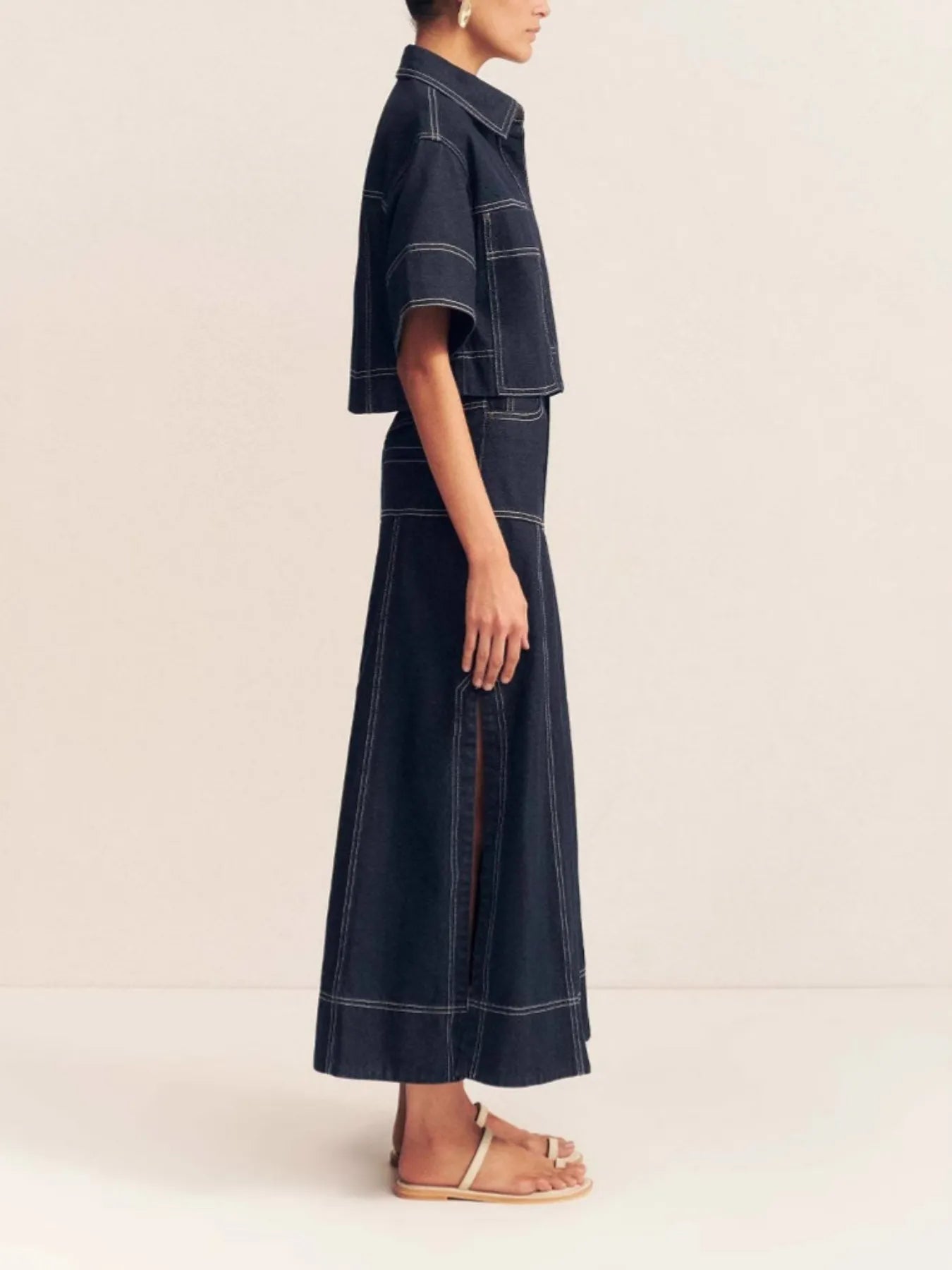 High-Waist Side Slit Contrast Stitch Denim Maxi Skirt | Skirts Daverri Fashions