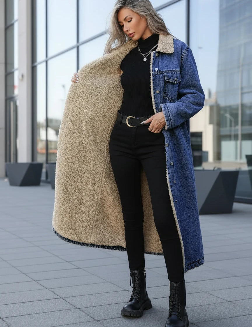 Oversized beige teddy bear coat with sherpa lined denim sleeves and collar