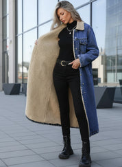 Oversized beige teddy bear coat with sherpa lined denim sleeves and collar