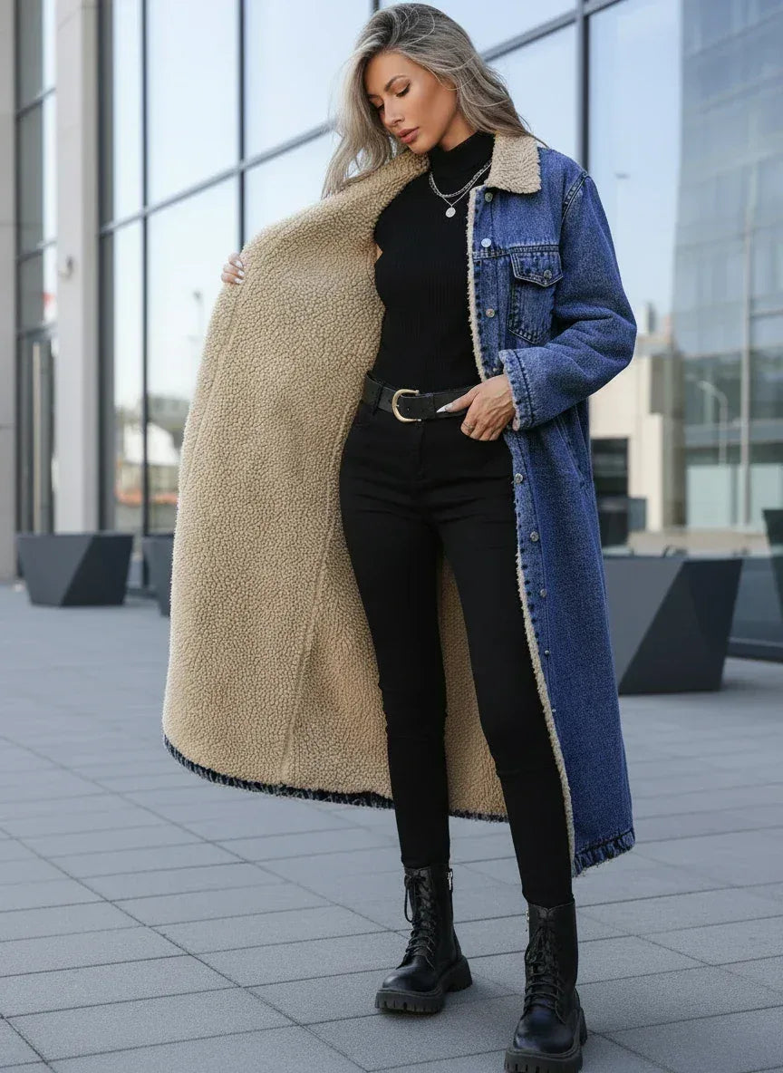 Daverri Fashions Sherpa Lined Longline Denim Jacket - DAVERRI FASHIONS
