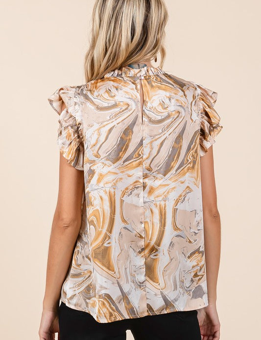 Mittoshop Abstract Print Ruffle Short Sleeve Satin Top