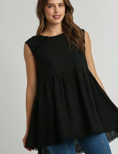 Umgee Full Size Raw Hem Linen Round Neck Sleeveless Top Plus Size Black Tops