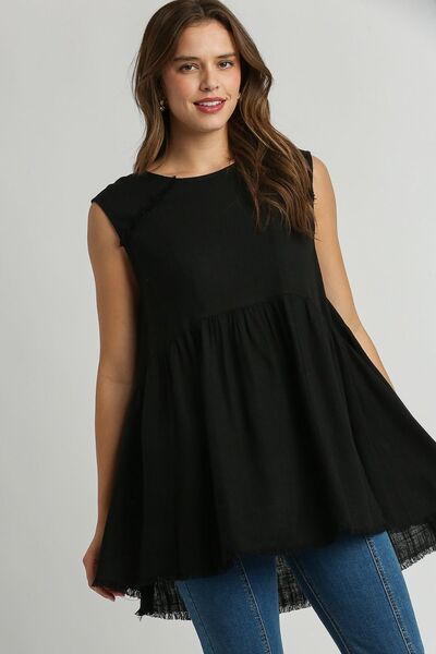 Umgee Full Size Raw Hem Linen Round Neck Sleeveless Top Plus Size Black Tops