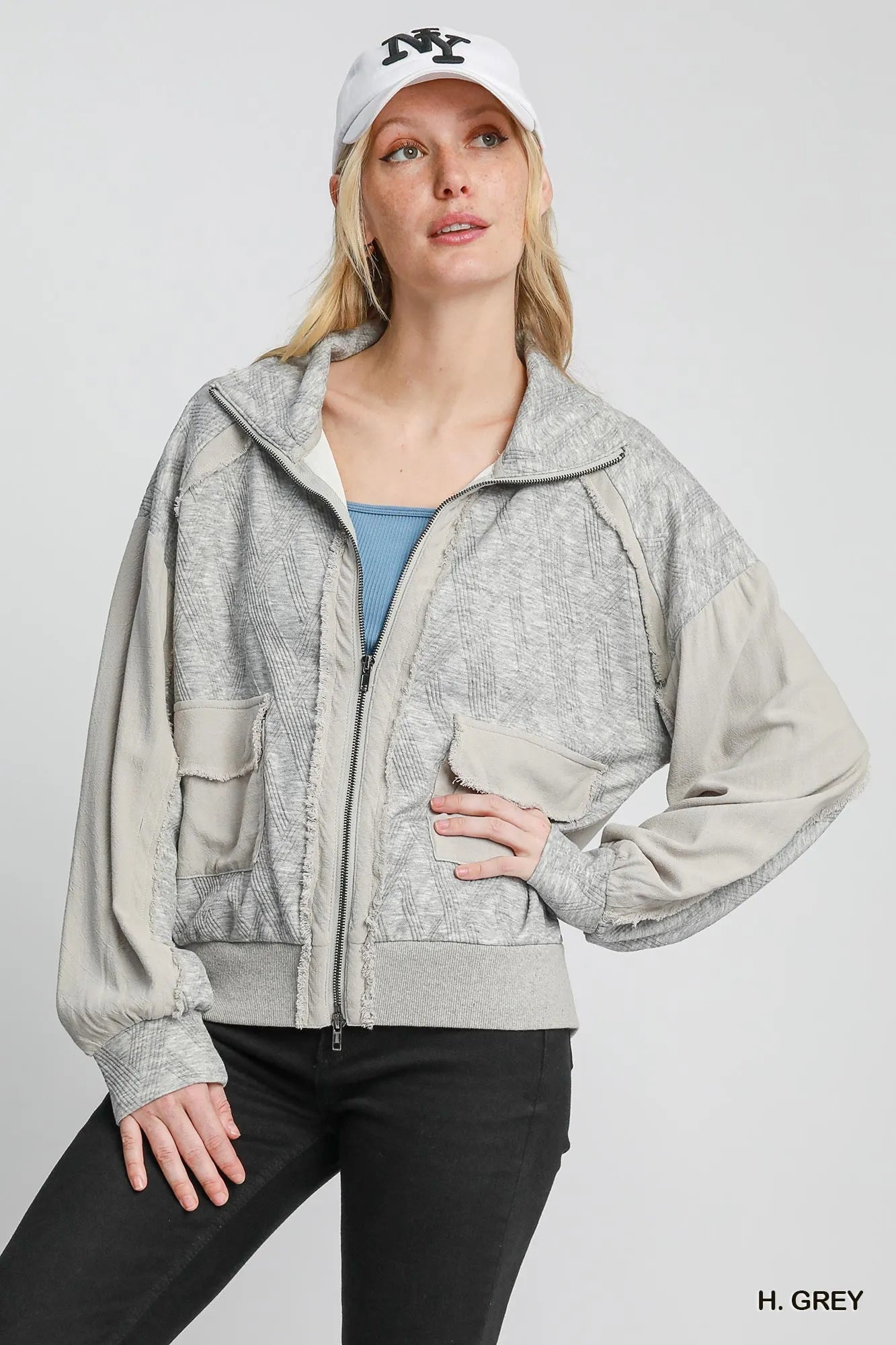 Umgee Two-Way Jacquard Zip-Up Jacket H. GREY