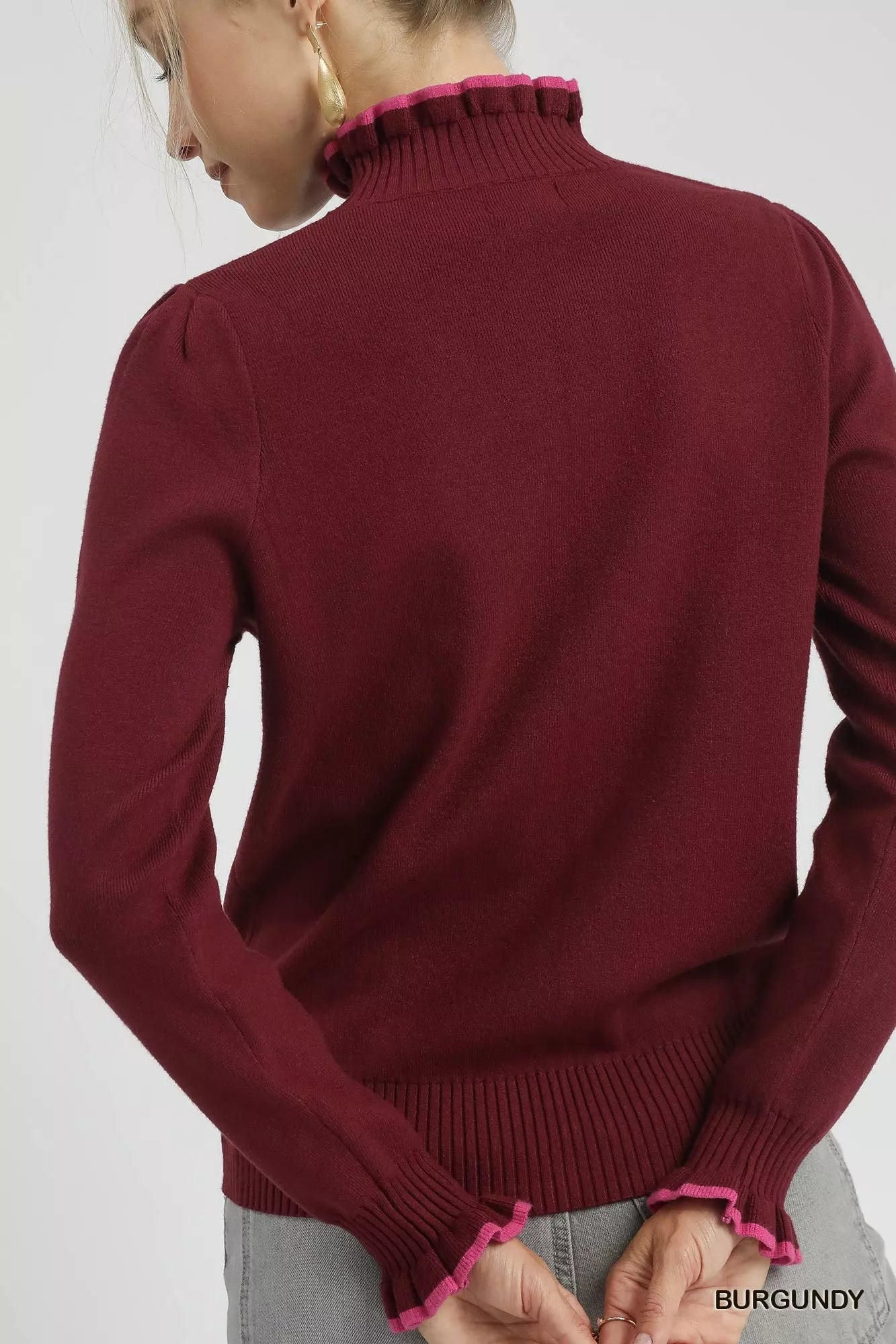 Umgee Ribbed Round Neck Sweater with Ruffle Contrast Trim | Sweaters Daverri Fashions