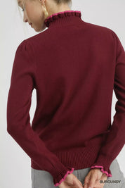 Umgee Ribbed Round Neck Sweater with Ruffle Contrast Trim | Sweaters Daverri Fashions