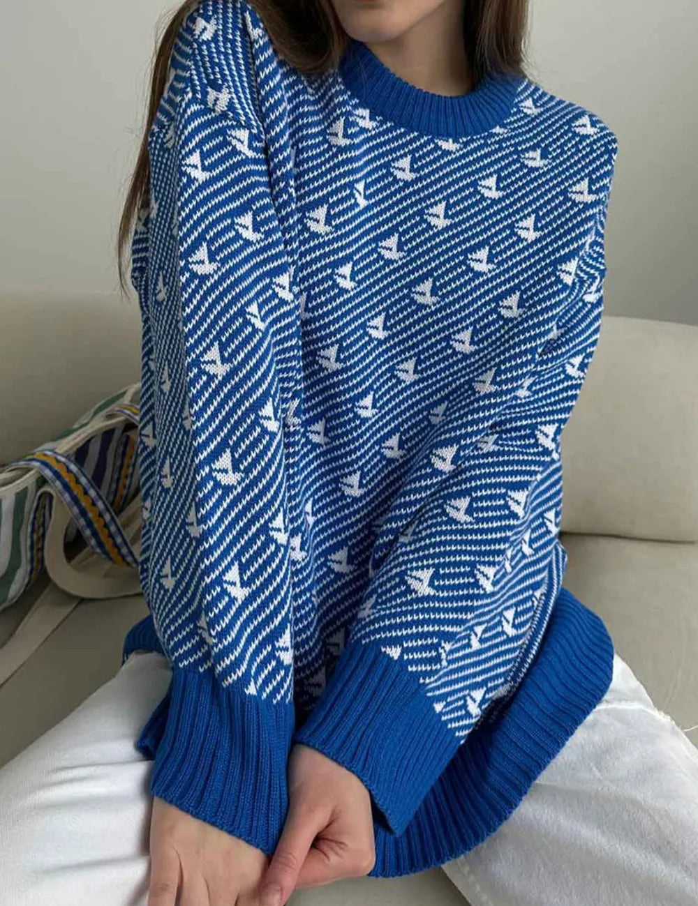 Contrast Round Neck Long Sleeve Sweater | Sweaters Daverri Fashions