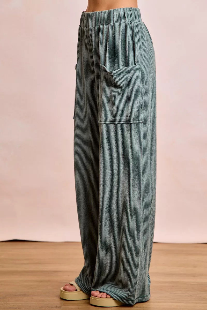 Wide-leg ribbed teal corduroy pants in BiBi two-tone V-neck set