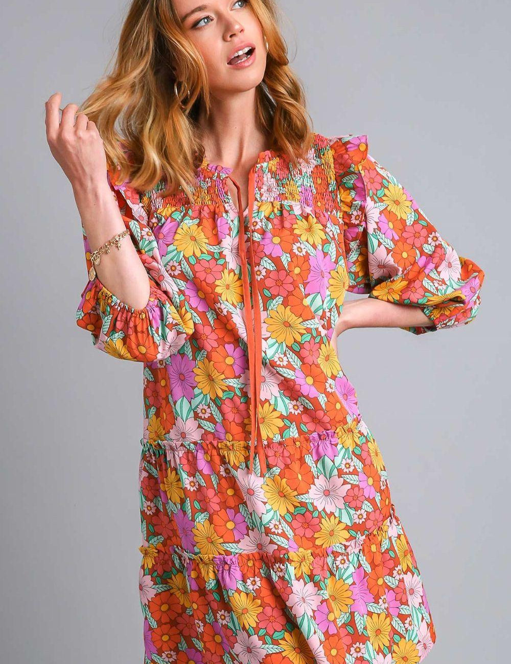 BROWN MIX Umgee Full Size Ruffled Flower Print Tie Neck Tiered Dress | Mini Dresses Daverri Fashions