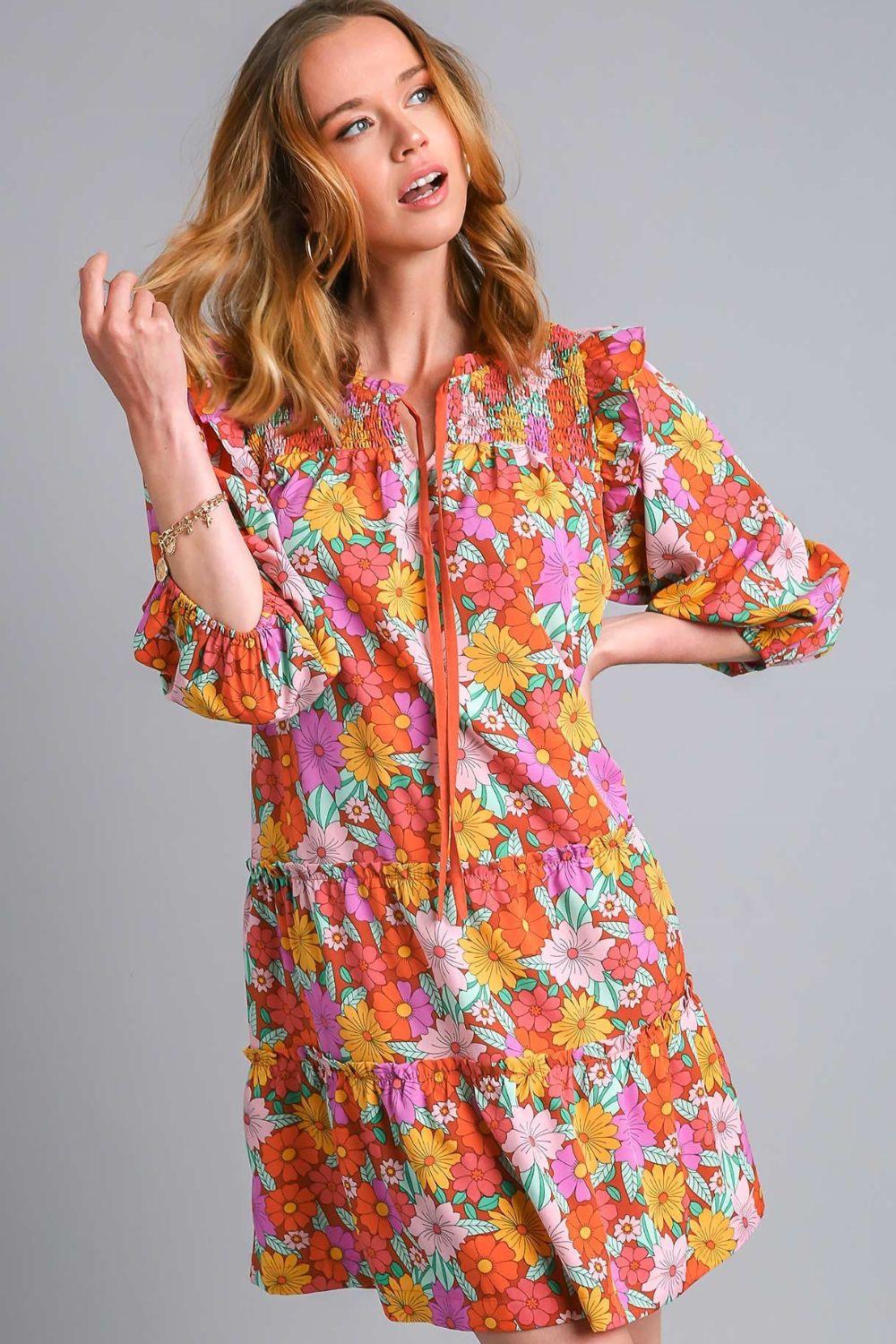 Umgee Full Size Ruffled Flower Print Tie Neck Tiered Dress BROWN MIX Mini Dresses