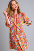 Umgee Full Size Ruffled Flower Print Tie Neck Tiered Dress BROWN MIX Mini Dresses