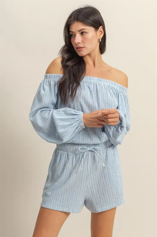HYFVE Off Shoulder Top and Shorts Set BLUE WHITE